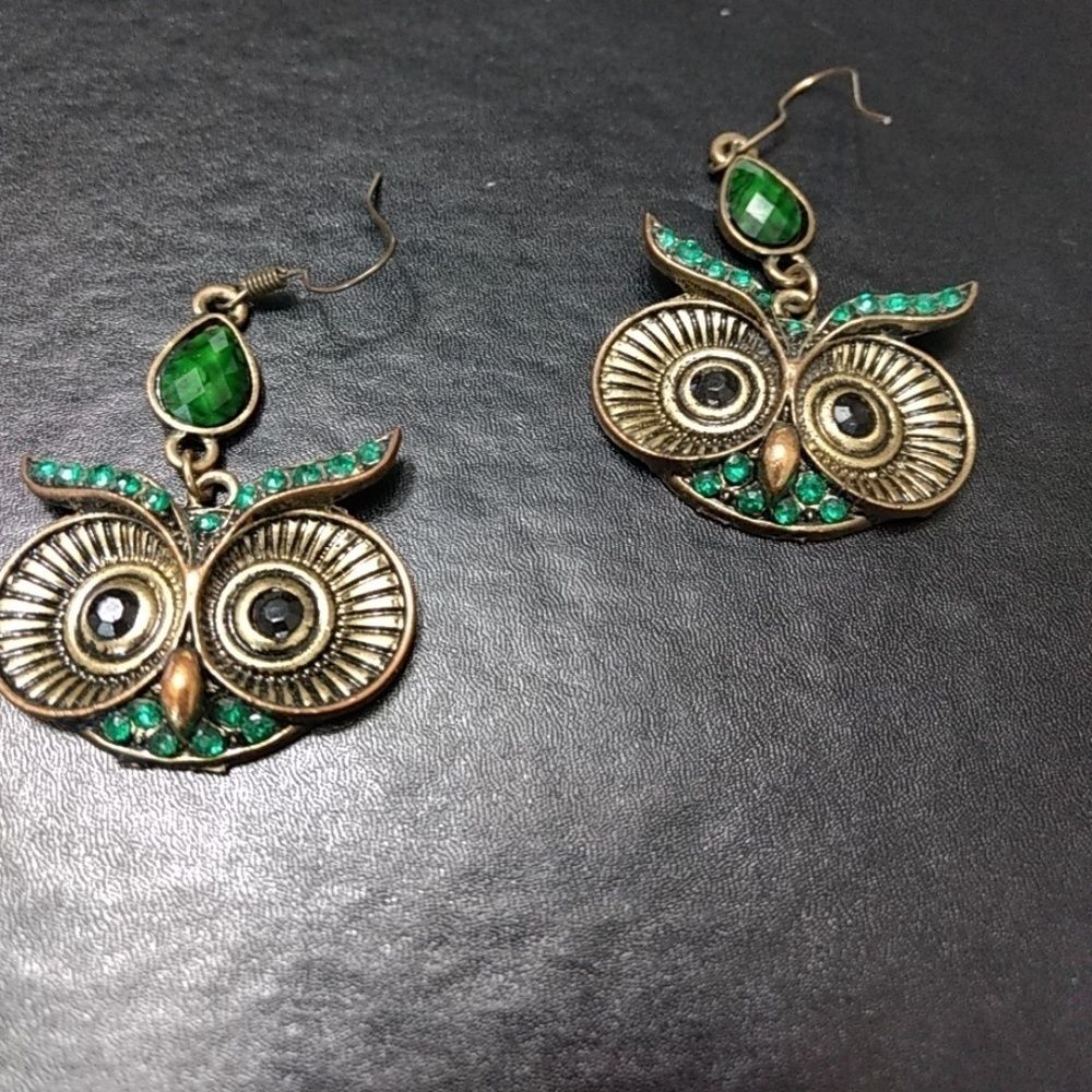 Bronze tone and green owl earrings